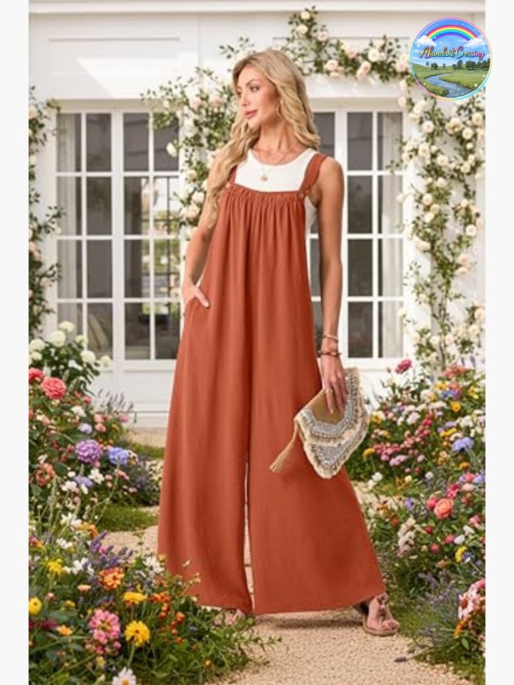 Boho Wide Leg Jumpsuit with Pockets Adjustable Romper - Picture 3 of 7